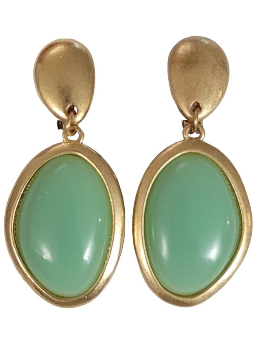 Signed TS Matte Gold Tone Mint Green Plastic Inlay Dangle Clip-On Earrings E40